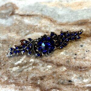 Sapphire Blue Floral Crystal Rhinestone Medium Barrette/Hair Clip in Gold Tone